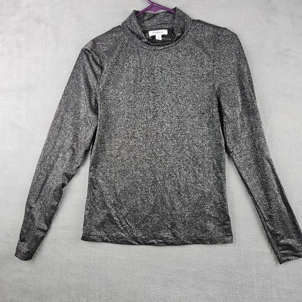 Evereve Metallic Mock Neck Long Sleeve‎ Top Women’s Small Silver Shimmer Party